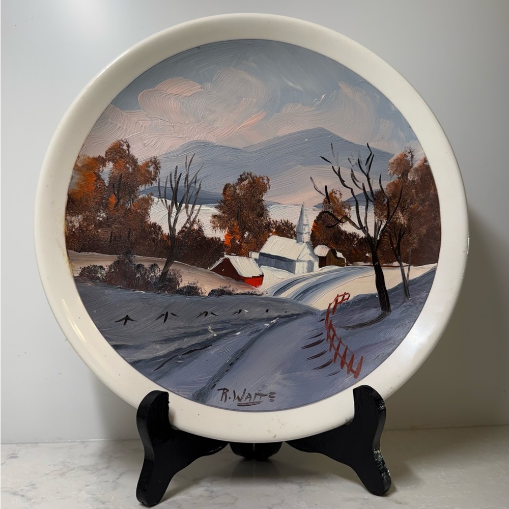 Scenic Winter Landscape Oil Painting Decorative Plate Signed By Artist